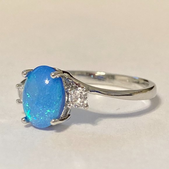 Opal Stone Ring Solitaire Silver Plated Simulated Blue Oval Cut Size 7 8 9 11 - Picture 8 of 11